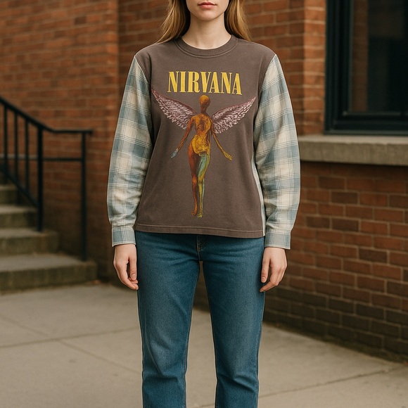 Upcycled Handmade Nirvana Tee  flannel mens bleach stained medium / women’s xl - Picture 1 of 2